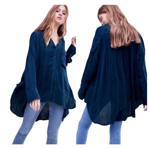 Free People Blue Striped Cozy Nights Oversized Button Up Long Sleeve Tunic Shirt